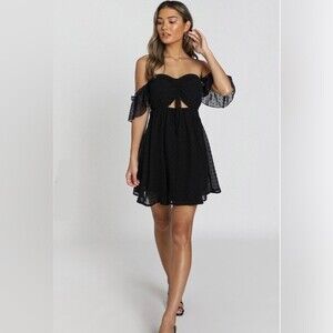 Cage black off shoulder cutout clip dot chiffon mini dress size medium